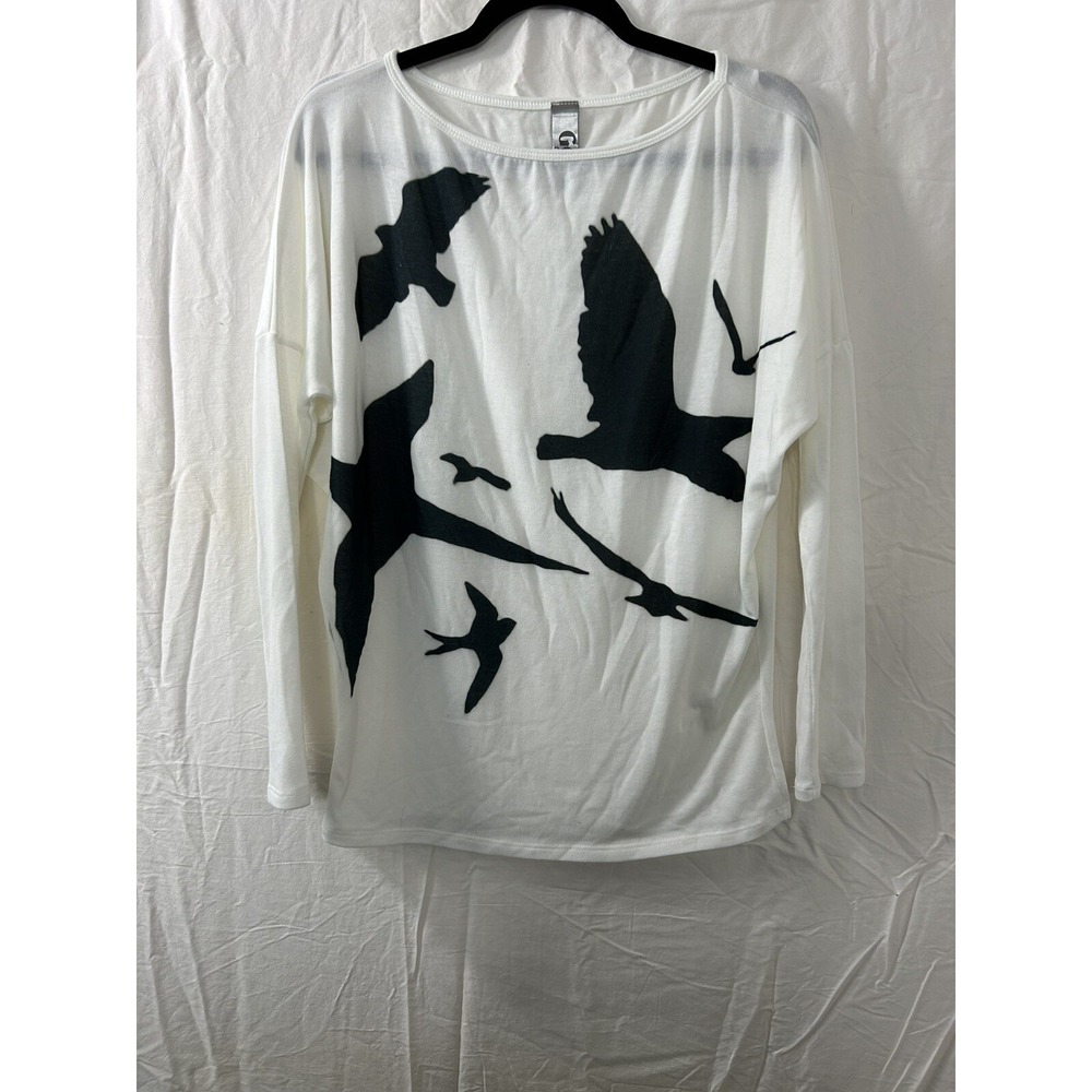 GO Couture Women's White Long Sleeve Bird Print T Shirt Size S